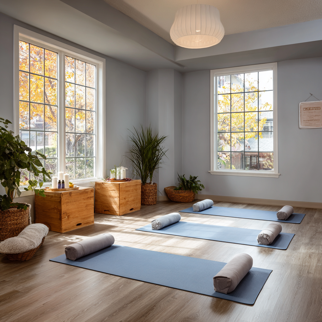 Serene yoga studio setup for older adults seeking balance and flexibility